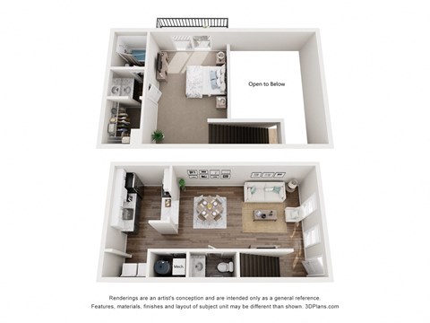 a stylized floor plan with a bedroom and a living room